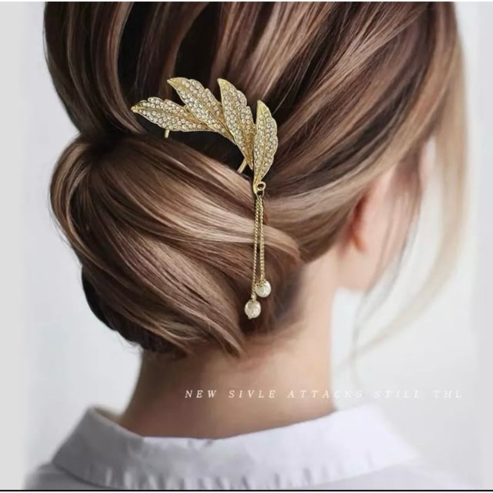 Vintage Style Leaf Hair Clip Stick Pin U-Shape Hairpin Gold Tone with faux Pearl